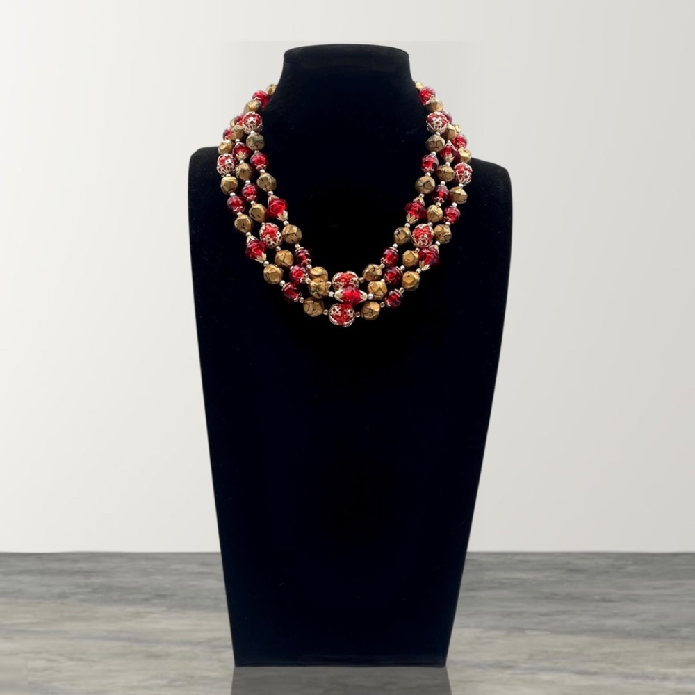 Vintage 1950s Hong Kong Signed 3-Strand Red & Gold Tone Beaded Necklace